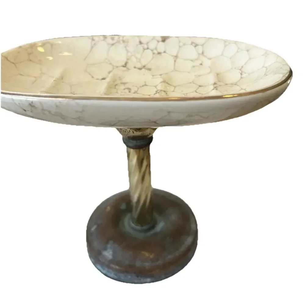 Vtg Brass Pedestal Soap Dish & Holder Porcelain Marbled Regency Decor Set 3